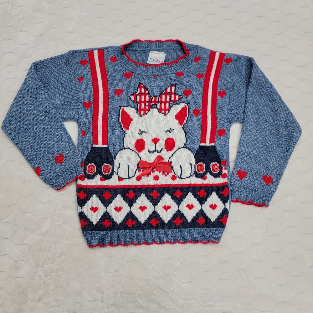 Vintage In Design Girls Sweater 4/5 Blue Red Cat Kitty Bow Knit Made in USA